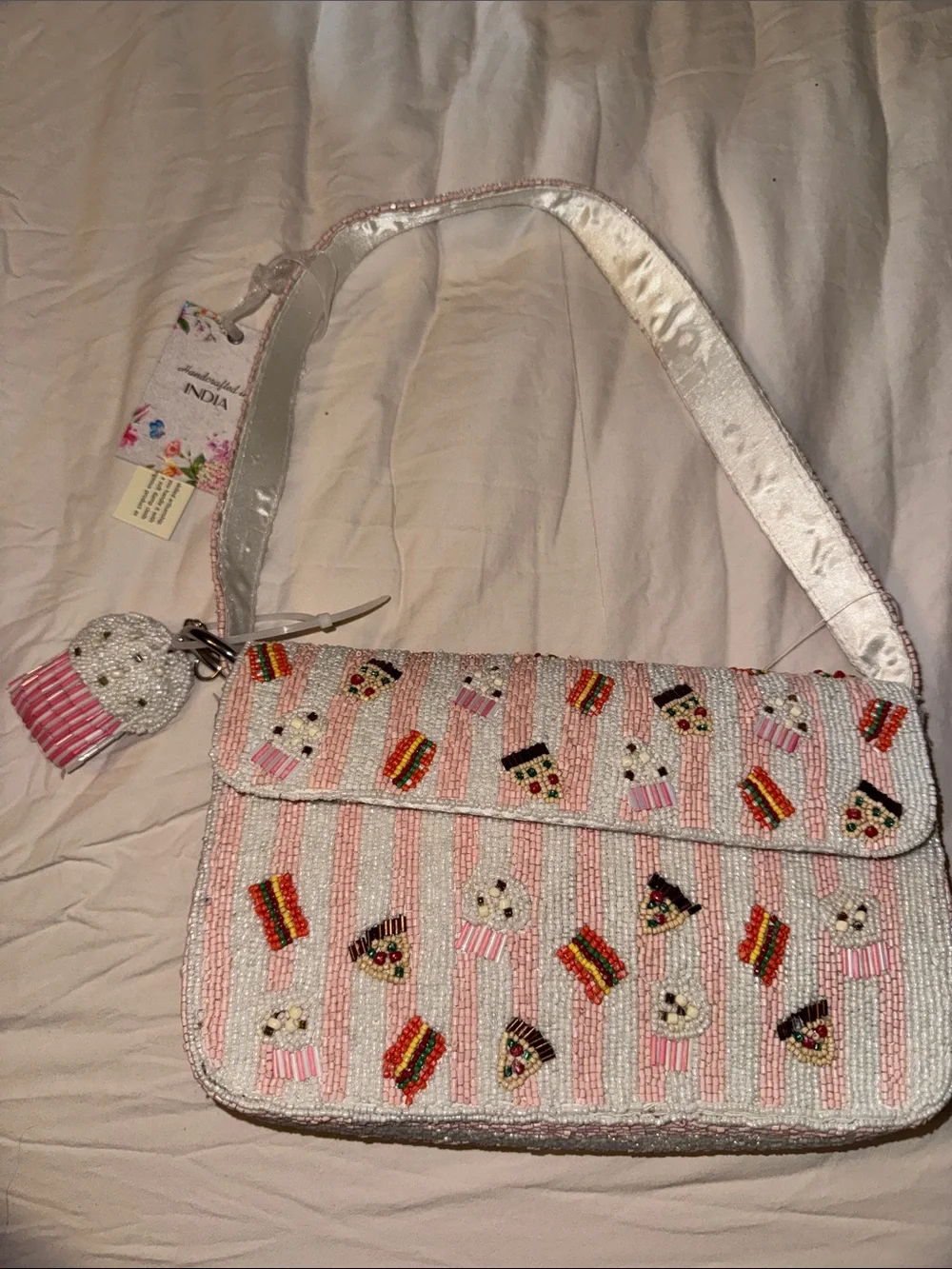 Made in India Pink Beaded Novelty Food Shoulder Bag with Beaded Bag Charm